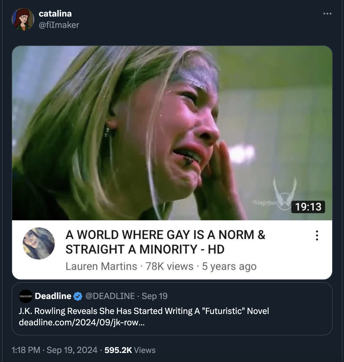 screenshot - catalina A World Where Gay Is A Norm & Straight A Minority Hd Lauren Martins 78K views 5 years ago Deadline Deadline Sep 19 J.K. Rowling Reveals She Has Started Writing A "Futuristic" Novel deadline.com202409jkrow... Views